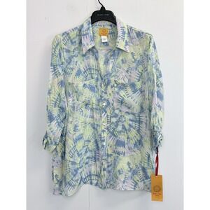 NEW Ruby Rd Shirt Women's PXL 2 Pocket 3/4 Sleeve Button Up Tie Dye